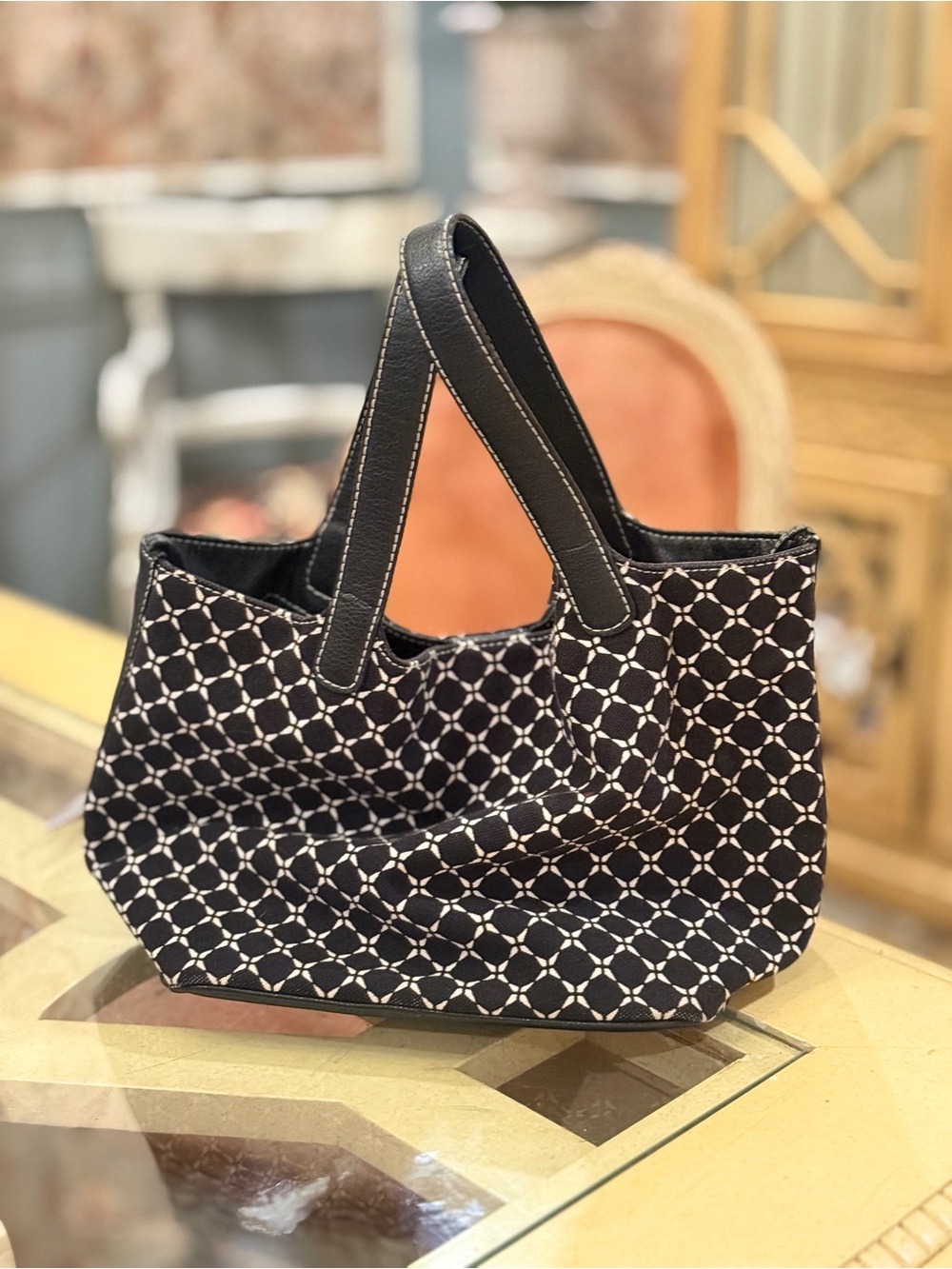Talbots Black Patterned Tote Bag with White Stitching - Women Bags